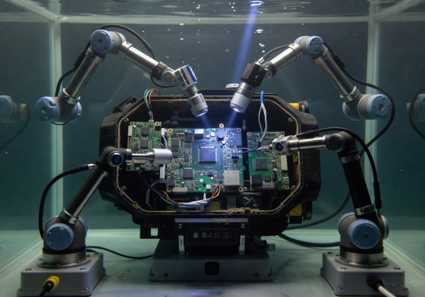 Advanced diagnostic equipment scanning underwater drone electronics for anomalies