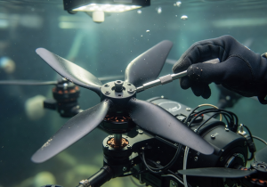 Close-up of underwater drone propeller assembly being calibrated