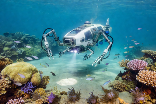 Hybrid underwater drone with robotic manipulation arms for marine research
