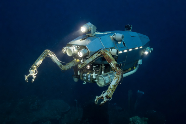 Hybrid underwater research drone with dual manipulator arms and sampling systems