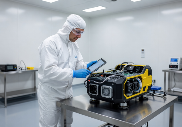 Marine technician performing underwater drone diagnostics in a clean room facility