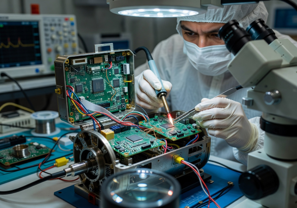 Precision electronics repair on underwater drone navigation system under magnification