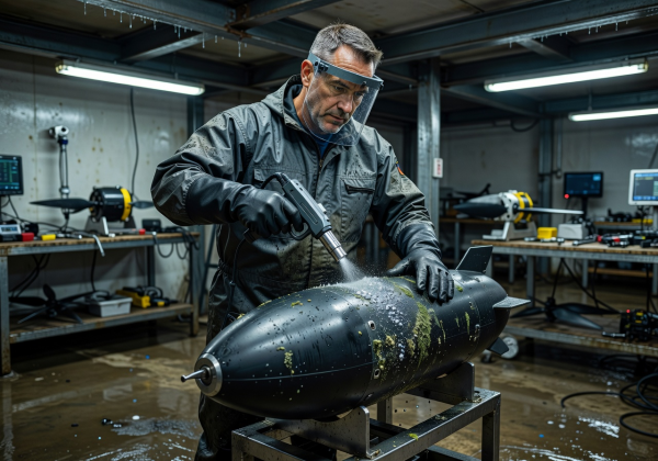 Technician using ultrasonic tools to clean underwater drone hull in maintenance bay