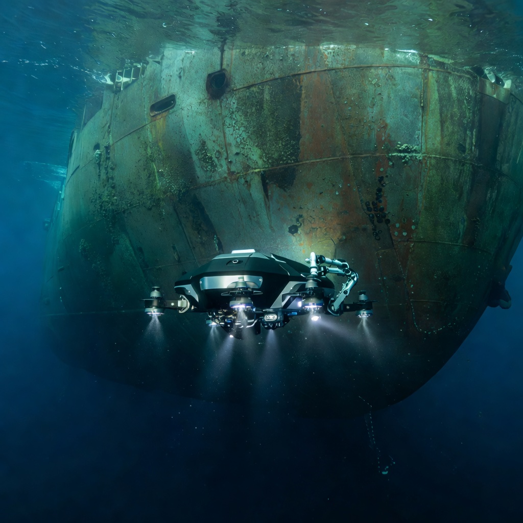 Underwater drone inspecting a marine vessel hull beneath ocean surface